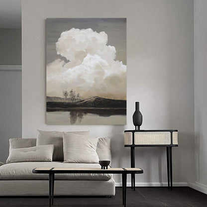 Abstract Landscape Oil Painting on Canvas, Original Mountain and River Canvas Wall Art, Modern Clouds Painting for Living Room, Home Décor