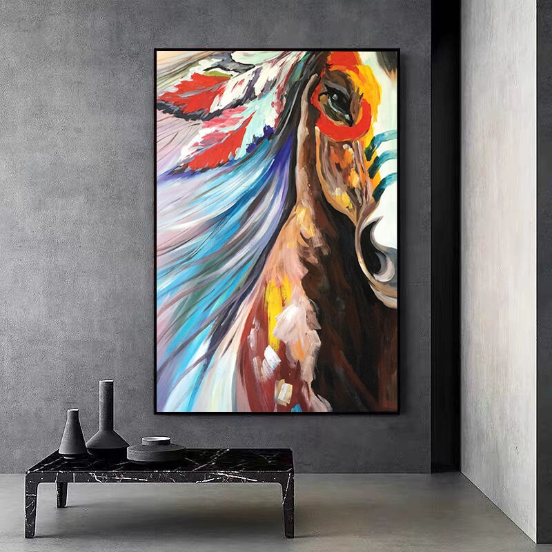 Large Colorful Horse Oil Painting on Canvas, Original Abstract War Horse Canvas Wall Art, Modern Animal painting for Living Room, Home Décor