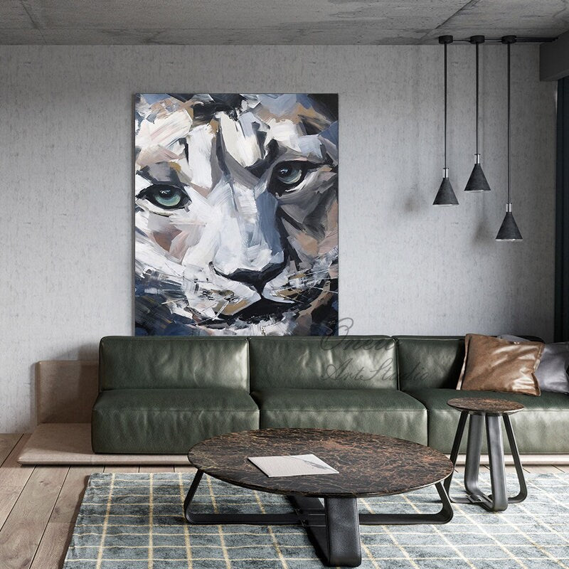 Large Abstract Lion Oil Painting on Canvas, Original Impressionist Lion Canvas Wall Art, Modern Hand-painted Animal Wall Art for Living Room