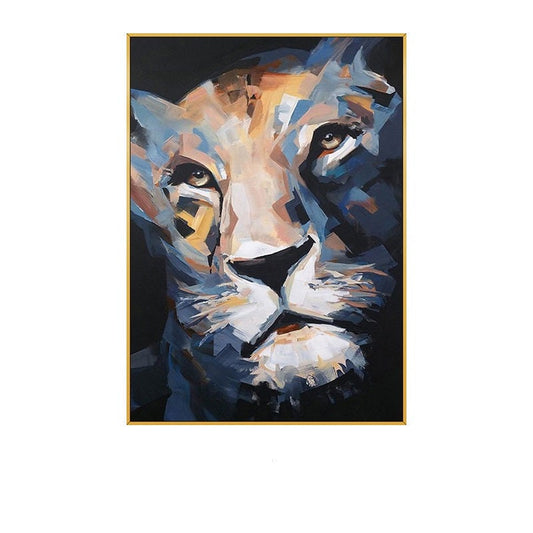 May include: Abstract painting of a lion's face, featuring a gold frame. The artwork uses a palette of blues, browns, and whites against a black background. The lion's eyes are focused, and the brushstrokes are visible.