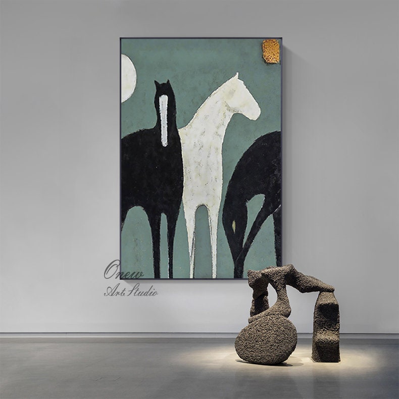 Abstract Black and White Horses Oil Painting on Canvas, Large Original Horse Canvas Wall Art, Modern Animal Painting for Living Room Bedroom