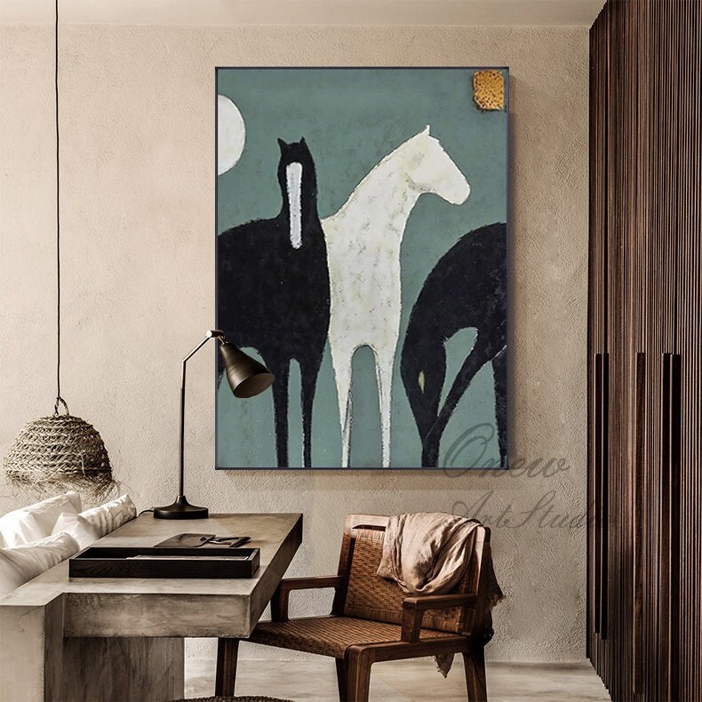Abstract Black and White Horses Oil Painting on Canvas, Large Original Horse Canvas Wall Art, Modern Animal Painting for Living Room Bedroom