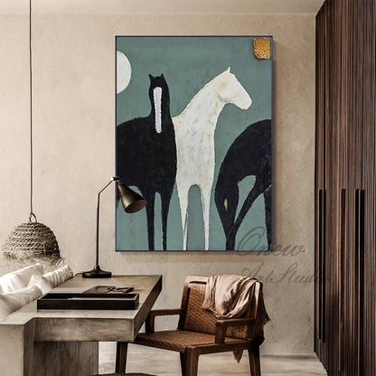 Abstract Black and White Horses Oil Painting on Canvas, Large Original Horse Canvas Wall Art, Modern Animal Painting for Living Room Bedroom