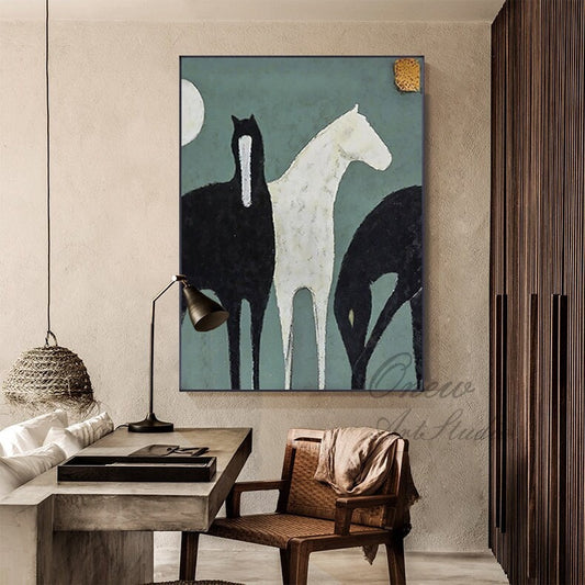 Abstract Black and White Horses Oil Painting on Canvas, Large Original Horse Canvas Wall Art, Modern Animal Painting for Living Room Bedroom