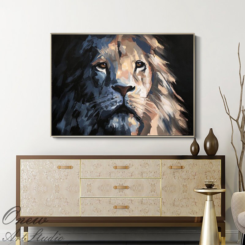Large Impressionist Lion Oil Painting on Canvas, Original Lion Canvas Wall Art, Modern Hand-painted Animal Wall Art for Living Room Bedroom