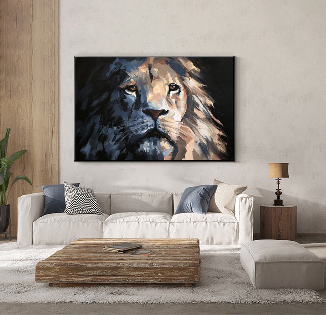 Large Impressionist Lion Oil Painting on Canvas, Original Lion Canvas Wall Art, Modern Hand-painted Animal Wall Art for Living Room Bedroom