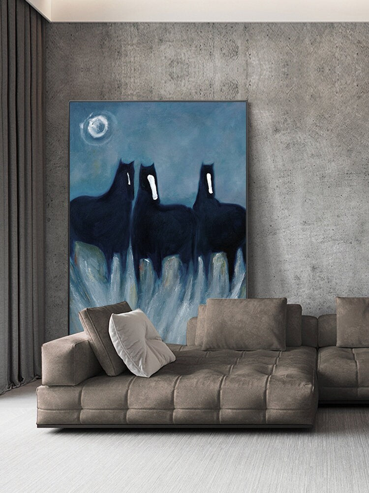 Abstract Black Horses Oil Painting on Canvas, Original Hand-painted Horse Canvas Wall Art, Modern Animal Painting for Living Room,home Décor