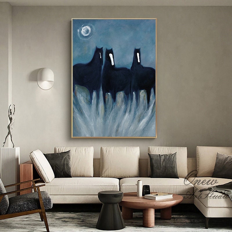 Abstract Black Horses Oil Painting on Canvas, Original Hand-painted Horse Canvas Wall Art, Modern Animal Painting for Living Room,home Décor