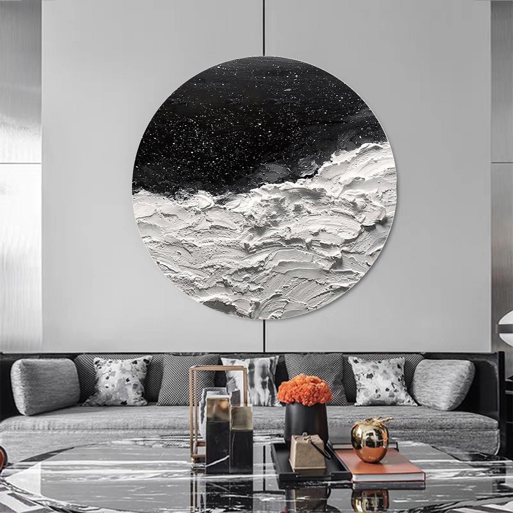 Black and White Circle Abstract Painting – Textured Wall Art