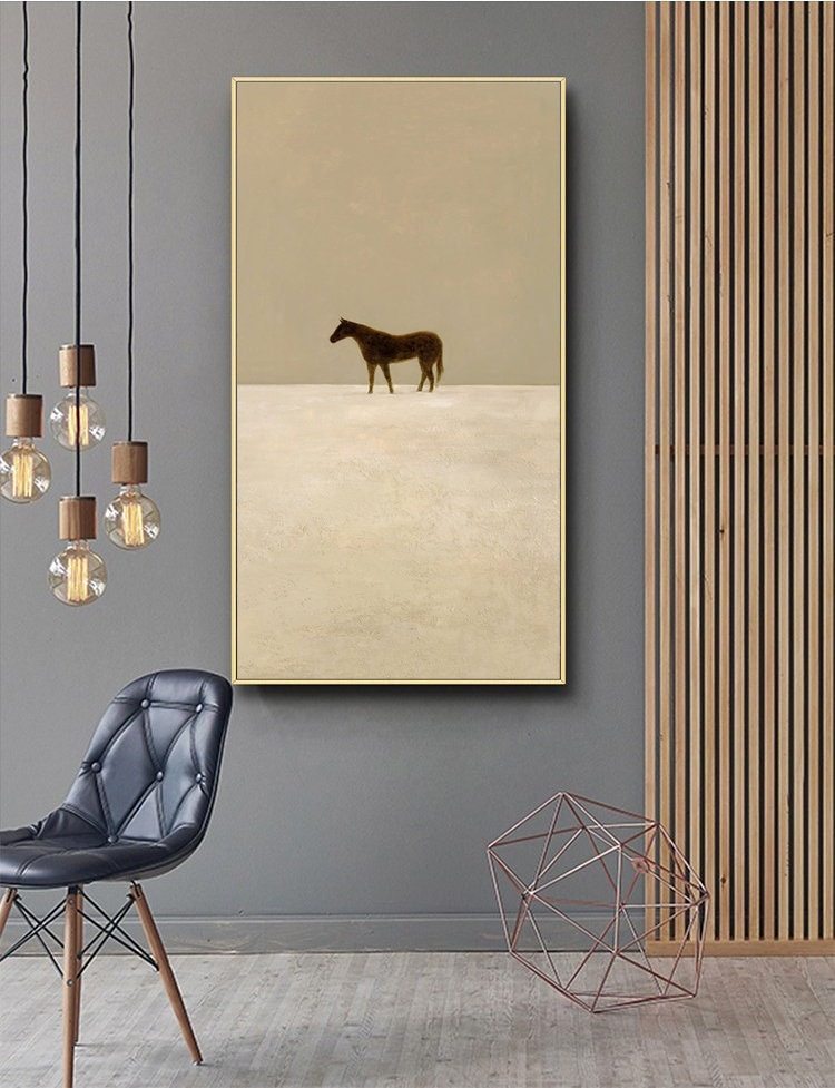 Large Abstract Canvas Wall Art, Original Horse Oil Painting on Canvas, Modern Minimalist Beige Wall Art for Living Room, Bedroom Decor