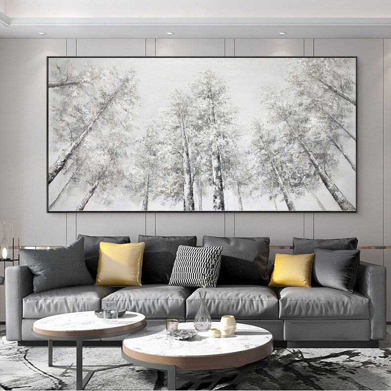 Large Abstract Birch Trees Canvas Wall Art, Original Landscape Oil Painting on Canvas, Modern Forest Wall Art for Living Room, Bedroom Décor