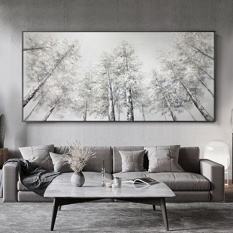Large Abstract Birch Trees Canvas Wall Art, Original Landscape Oil Painting on Canvas, Modern Forest Wall Art for Living Room, Bedroom Décor