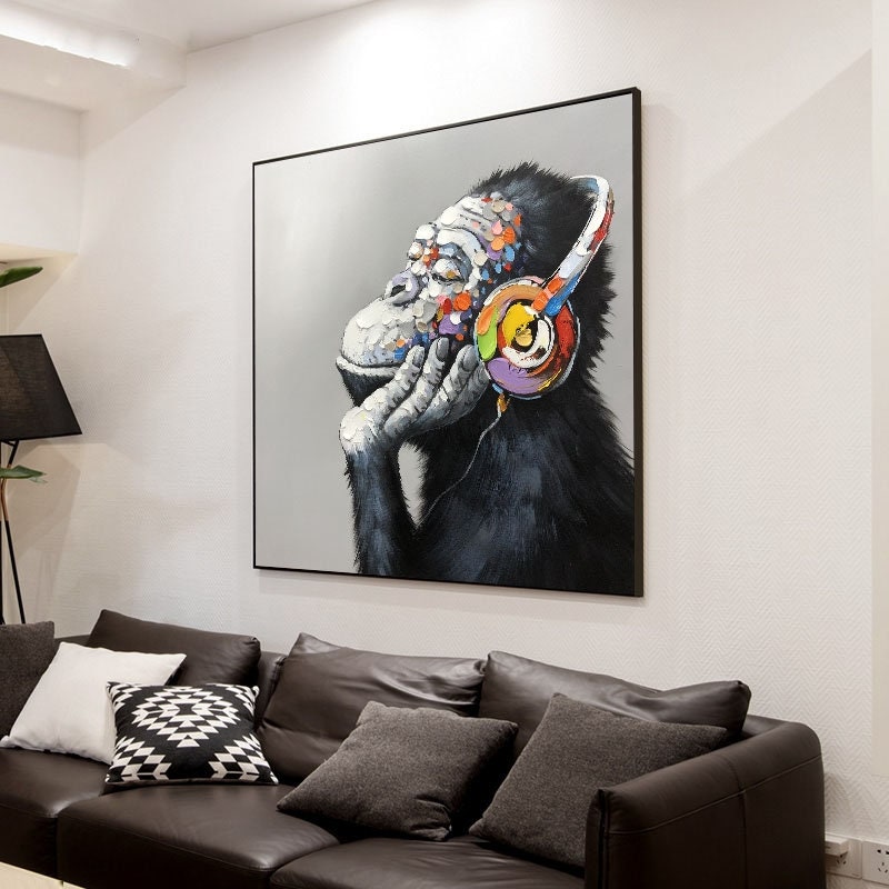 Abstract Monkey Oil Painting On Canvas, Large Original Monkey Canvas Wall Art, Banksy Gorilla Modern Wall Art for Living Room, Bedroom Décor
