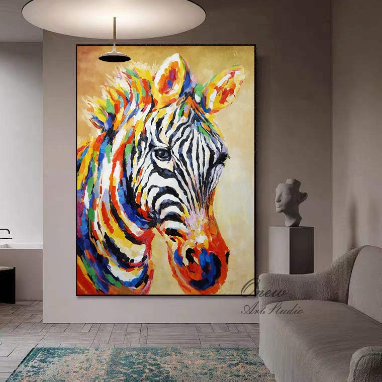 Abstract Colorful Zebra Oil Painting on Canvas, Large Original Zebra Canvas Wall Art, Hand-painted Animal Painting for Living Room Kids Room