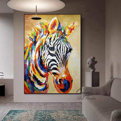 Abstract Colorful Zebra Oil Painting on Canvas, Large Original Zebra Canvas Wall Art, Hand-painted Animal Painting for Living Room Kids Room