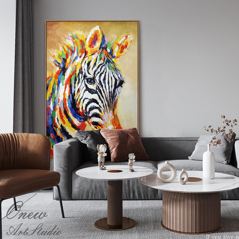 Abstract Colorful Zebra Oil Painting on Canvas, Large Original Zebra Canvas Wall Art, Hand-painted Animal Painting for Living Room Kids Room