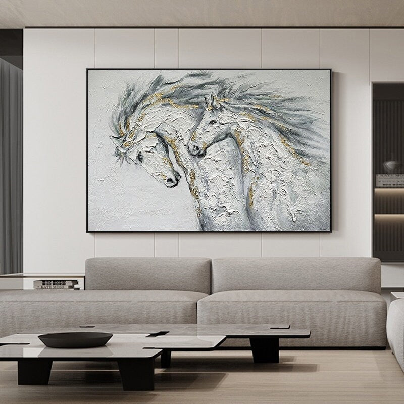 Large Abstract Horses Canvas Wall Art, Original Hand-painted Horses Oil Painting on Canvas, Modern Animal Wall Art for Living Room Bedroom