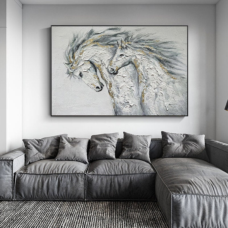Large Abstract Horses Canvas Wall Art, Original Hand-painted Horses Oil Painting on Canvas, Modern Animal Wall Art for Living Room Bedroom