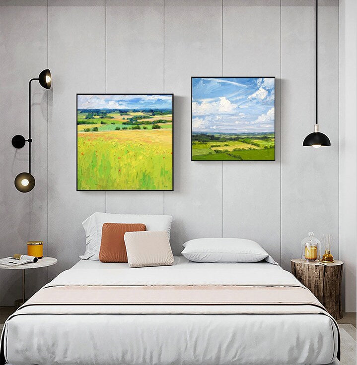 Large Abstract Landscape Oil Painting on Canvas, Original Clouds and Field Scenery Canvas Art, Modern Nature Art for Living Room, Home Décor