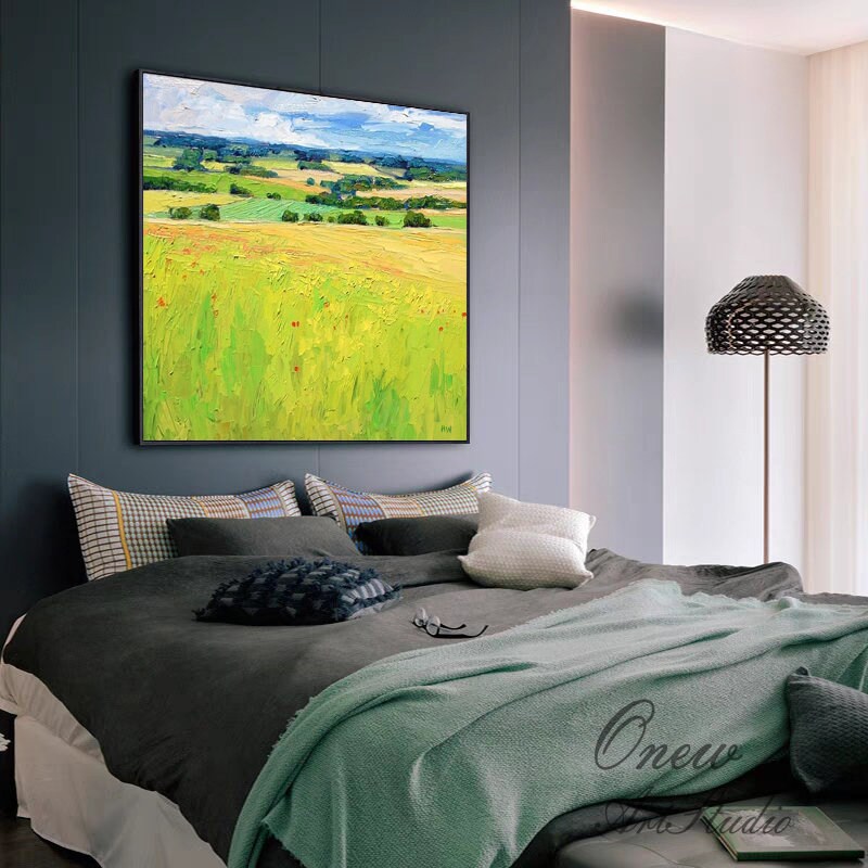 Large Abstract Landscape Oil Painting on Canvas, Original Clouds and Field Scenery Canvas Art, Modern Nature Art for Living Room, Home Décor