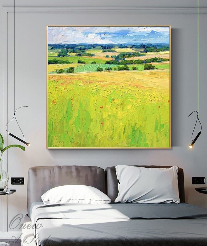 Large Abstract Landscape Oil Painting on Canvas, Original Clouds and Field Scenery Canvas Art, Modern Nature Art for Living Room, Home Décor