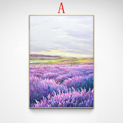 May include: A painting of a lavender field with a light blue sky and white clouds. The field is in the foreground and the sky is in the background. The painting is framed in gold.