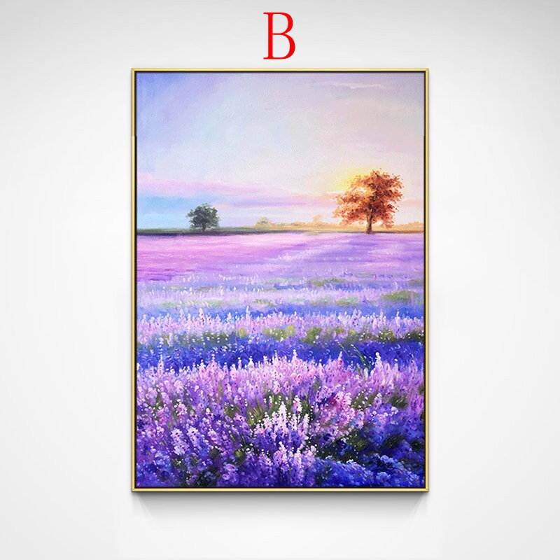 May include: A painting of a lavender field with a sunset in the background. The field is filled with purple flowers and there are two trees in the distance. The sky is a mix of pink, orange, and blue.