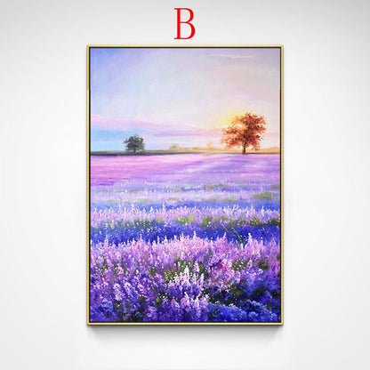 May include: A painting of a lavender field with a sunset in the background. The field is filled with purple flowers and there are two trees in the distance. The sky is a mix of pink, orange, and blue.