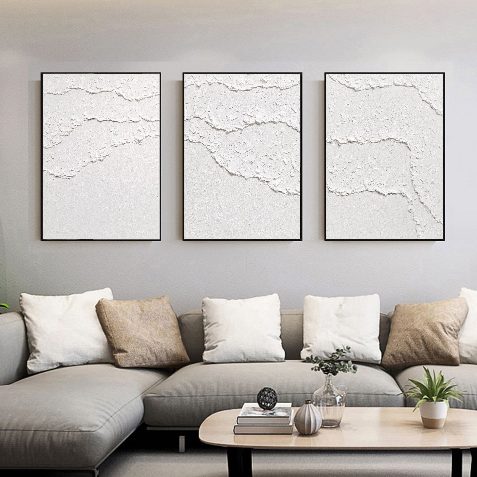 Textured White Abstract Painting Set of 3 – Minimalist Wall Art