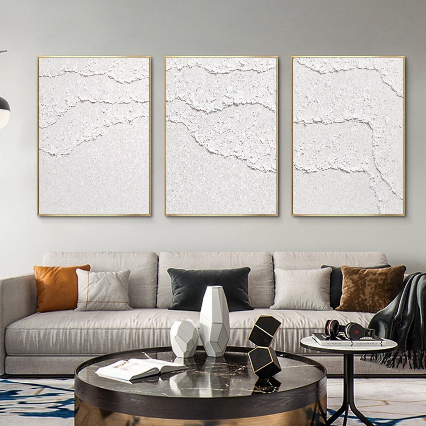 Textured White Abstract Painting Set of 3 – Minimalist Wall Art