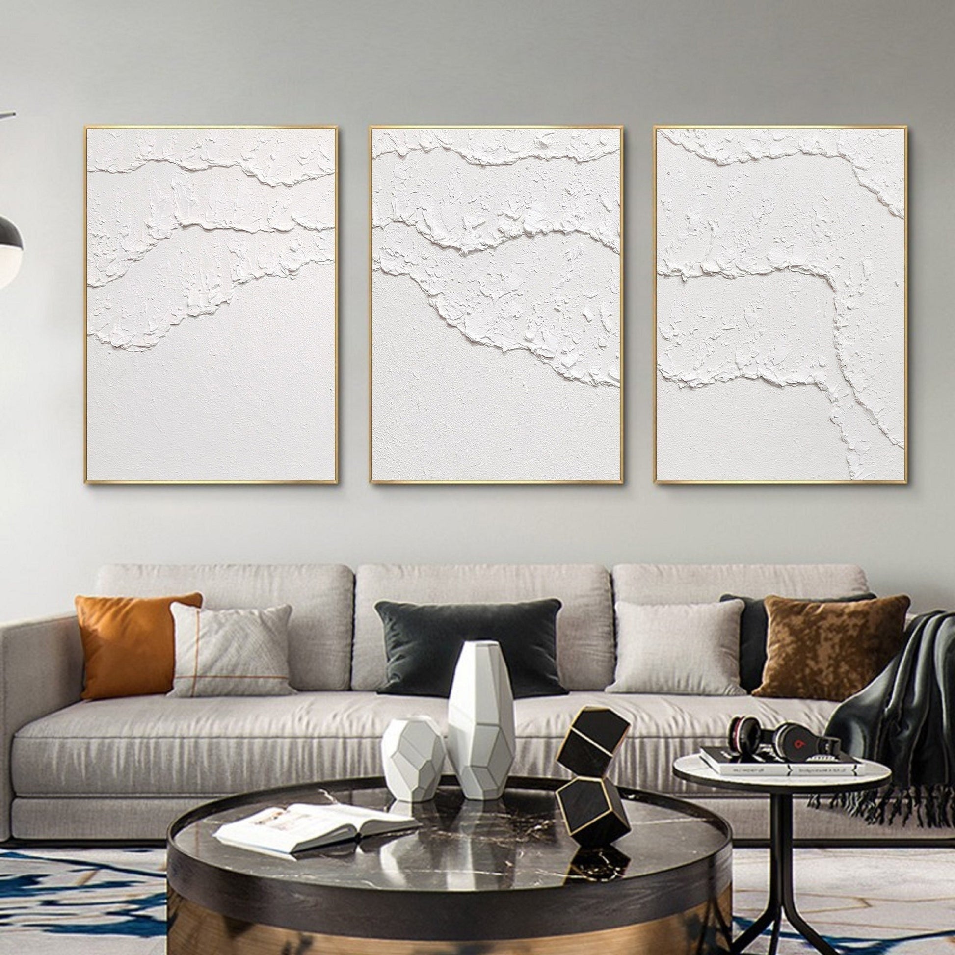 Textured White Abstract Painting Set of 3 – Minimalist Wall Art