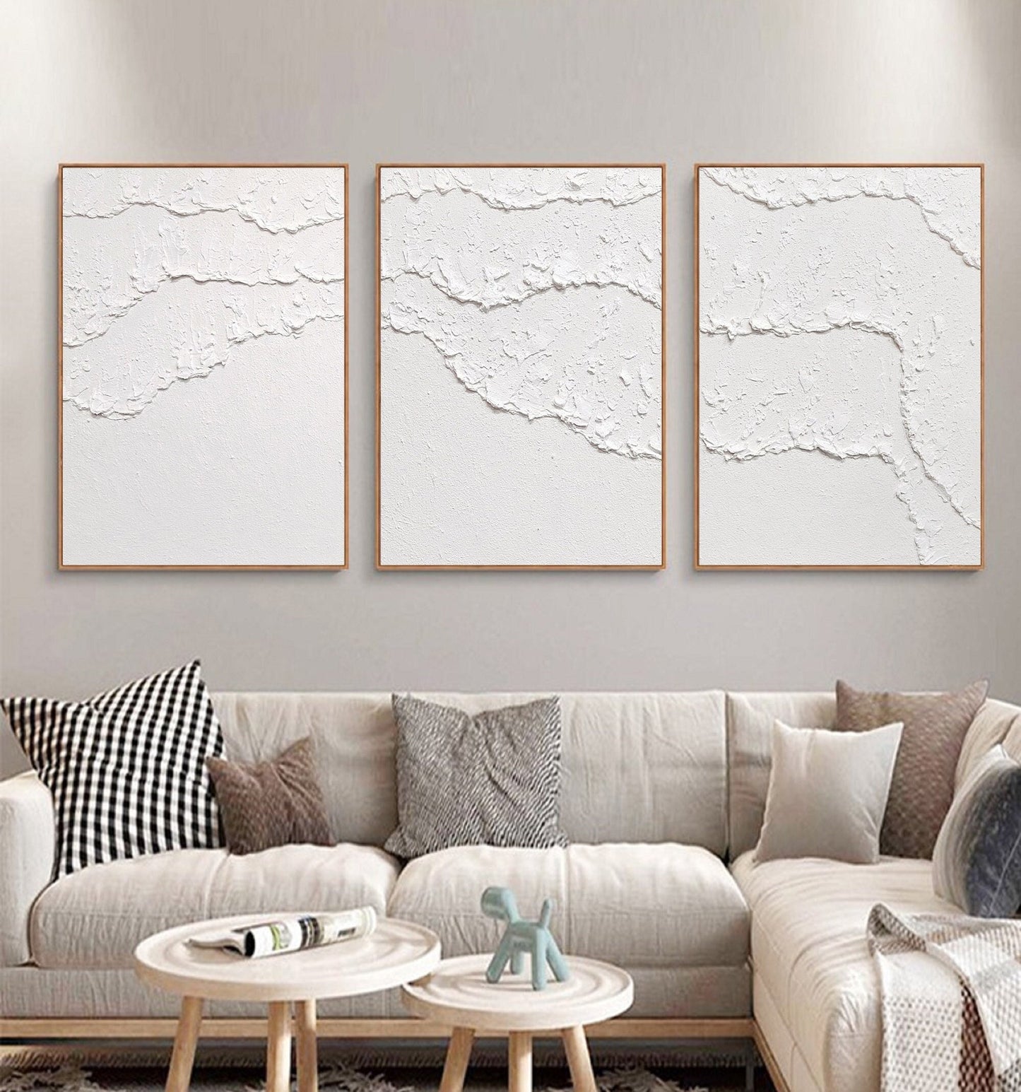 Textured White Abstract Painting Set of 3 – Minimalist Wall Art