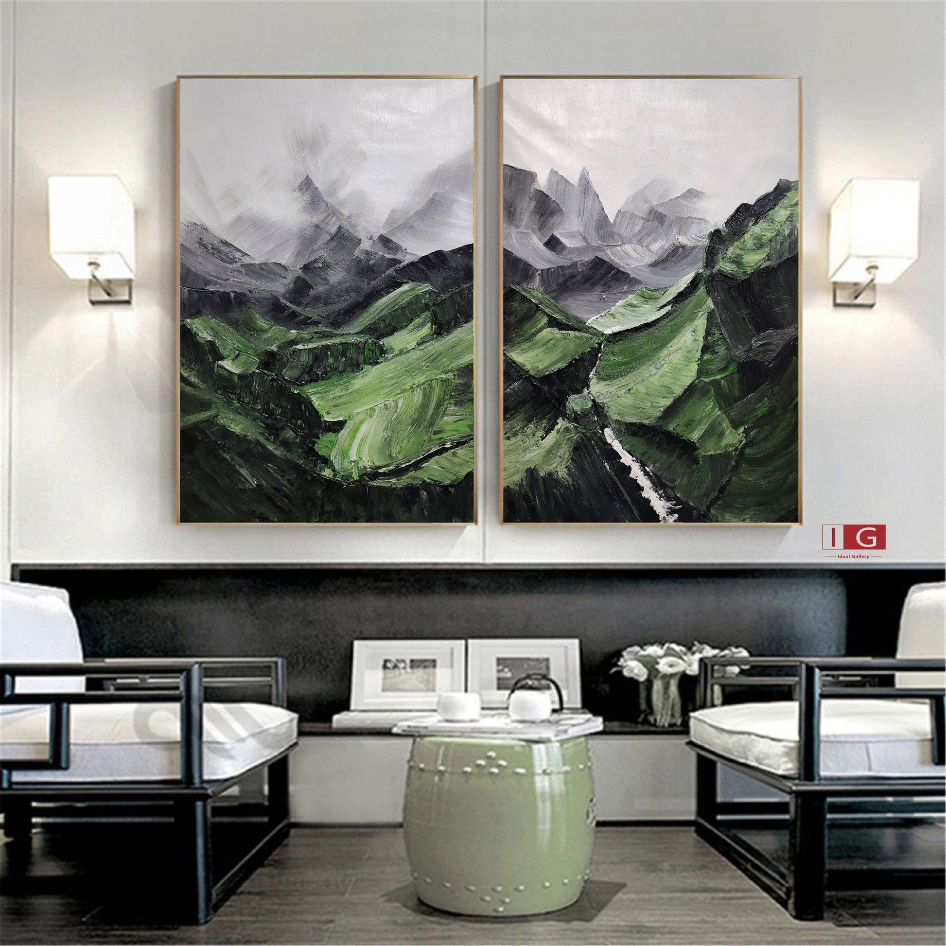 Set of 2 Green Mountain Abstract Paintings – Wall Art