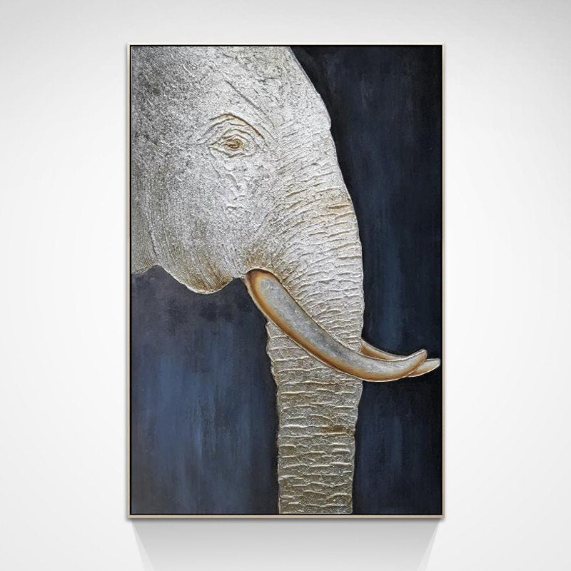 Large Abstract Elephant Oil Painting on Canvas, Original Silver Elephant Wall Art, Modern Minimalist Animal Wall Art for Living Room Bedroom