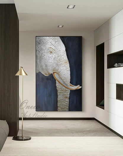 Large Abstract Elephant Oil Painting on Canvas, Original Silver Elephant Wall Art, Modern Minimalist Animal Wall Art for Living Room Bedroom