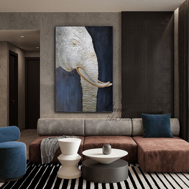 Large Abstract Elephant Oil Painting on Canvas, Original Silver Elephant Wall Art, Modern Minimalist Animal Wall Art for Living Room Bedroom