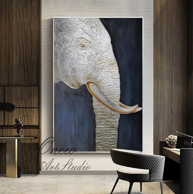 Large Abstract Elephant Oil Painting on Canvas, Original Silver Elephant Wall Art, Modern Minimalist Animal Wall Art for Living Room Bedroom