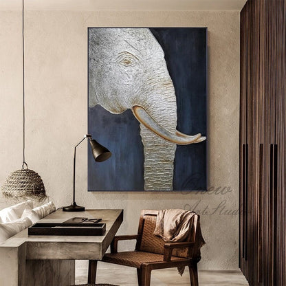 Large Abstract Elephant Oil Painting on Canvas, Original Silver Elephant Wall Art, Modern Minimalist Animal Wall Art for Living Room Bedroom