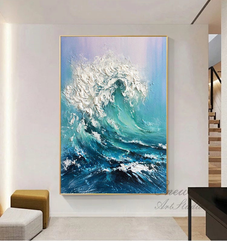Large Abstract Ocean Waves Canvas Wall Art, Original Seascape Oil Painting on Canvas, Modern Textured Sea Waves Oil Painting for Living Room