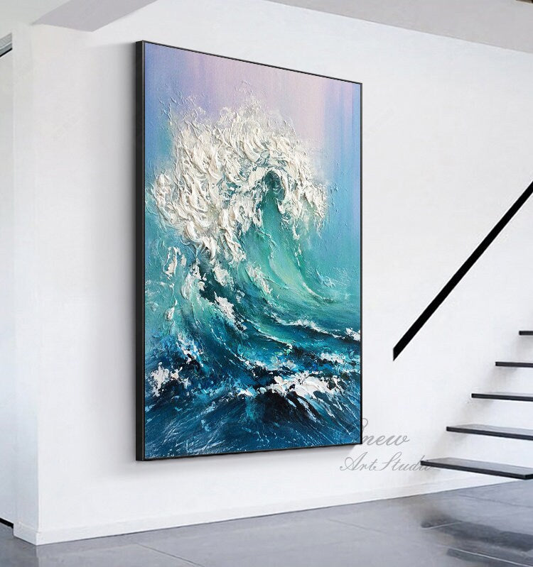 Large Abstract Ocean Waves Canvas Wall Art, Original Seascape Oil Painting on Canvas, Modern Textured Sea Waves Oil Painting for Living Room