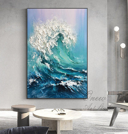 Large Abstract Ocean Waves Canvas Wall Art, Original Seascape Oil Painting on Canvas, Modern Textured Sea Waves Oil Painting for Living Room
