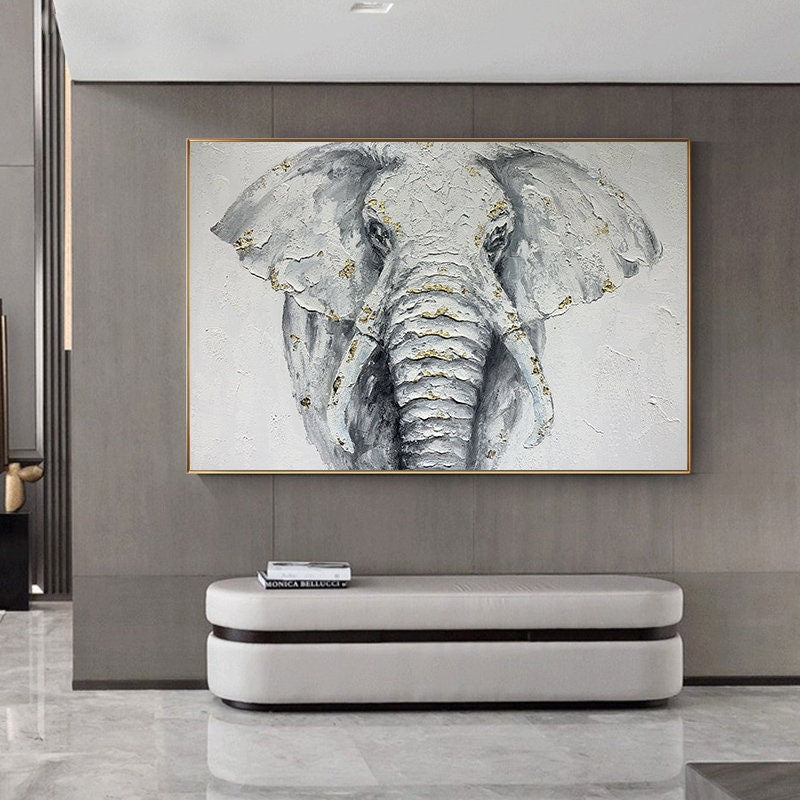 Large Abstract Elephant Oil Painting on Canvas, Original White Elephant Canvas Wall Art, Modern Animal Painting for Living Room, Home Décor