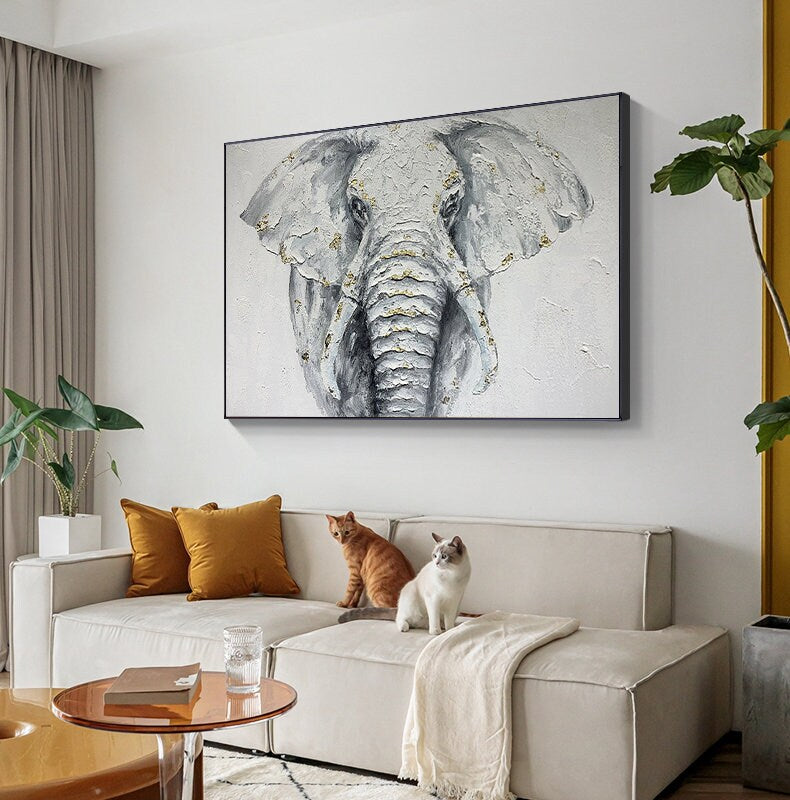Large Abstract Elephant Oil Painting on Canvas, Original White Elephant Canvas Wall Art, Modern Animal Painting for Living Room, Home Décor