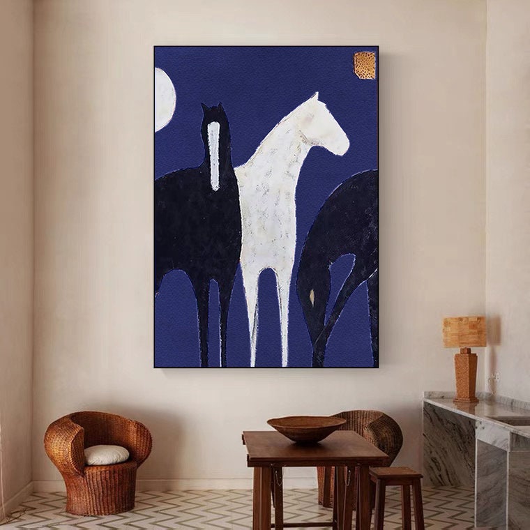 Abstract Black and White Horses Oil Painting on Canvas, Large Original Horse Canvas Wall Art, Modern Animal Painting for Living Room Bedroom