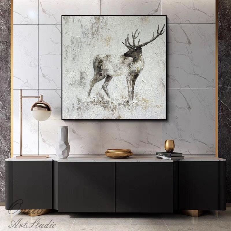 Large Abstract Deer Oil Painting on Canvas, Original Handmade Stag Canvas Wall Art, Modern Textured Animal Painting for Living Room Bedroom