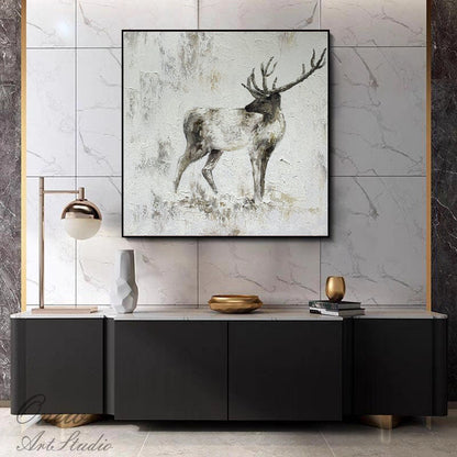 Large Abstract Deer Oil Painting on Canvas, Original Handmade Stag Canvas Wall Art, Modern Textured Animal Painting for Living Room Bedroom