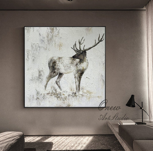 Large Abstract Deer Oil Painting on Canvas, Original Handmade Stag Canvas Wall Art, Modern Textured Animal Painting for Living Room Bedroom