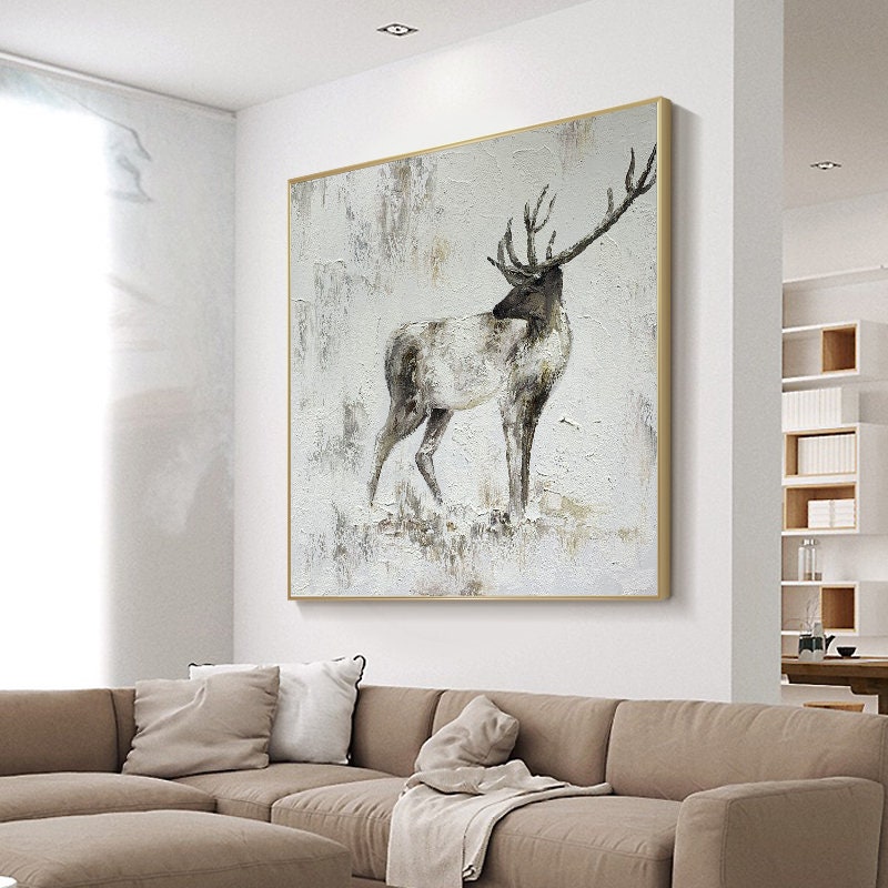 Large Abstract Deer Oil Painting on Canvas, Original Handmade Stag Canvas Wall Art, Modern Textured Animal Painting for Living Room Bedroom