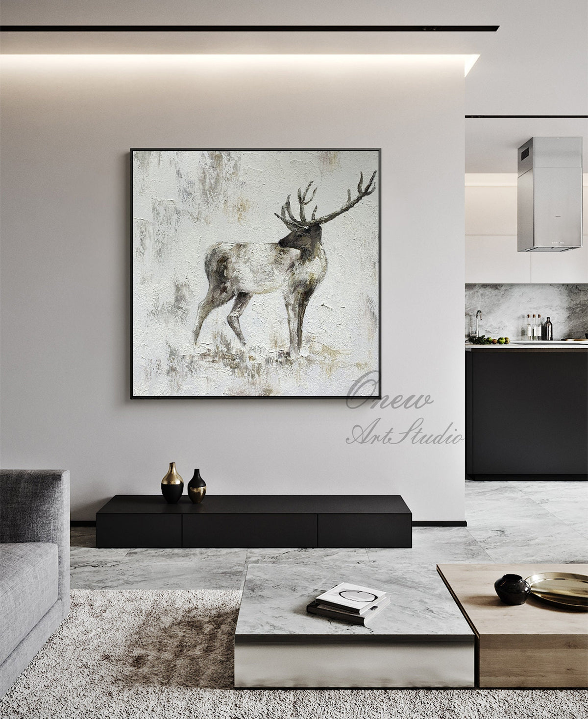 Large Abstract Deer Oil Painting on Canvas, Original Handmade Stag Canvas Wall Art, Modern Textured Animal Painting for Living Room Bedroom