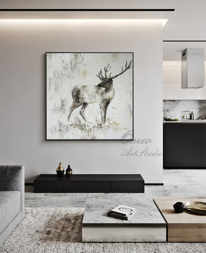 Large Abstract Deer Oil Painting on Canvas, Original Handmade Stag Canvas Wall Art, Modern Textured Animal Painting for Living Room Bedroom